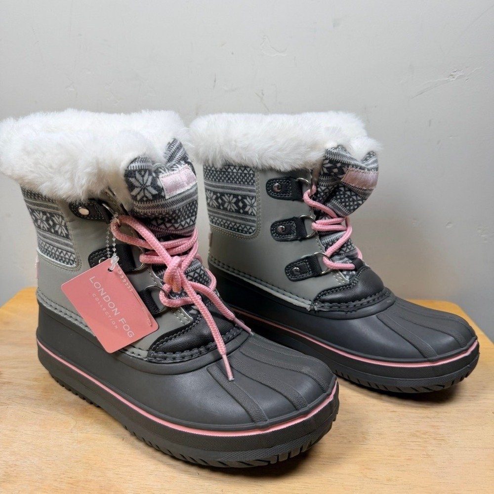 London Fog Tottenham Winter Boots‎ Girls 3 Gray Pink Fair Isle Faux Fur Snow NEW